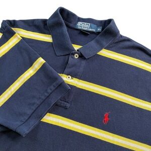 Ralph Lauren Polo Shirt XL Blue Yellow Stripe Short Sleeve Men's Red Pony Logo